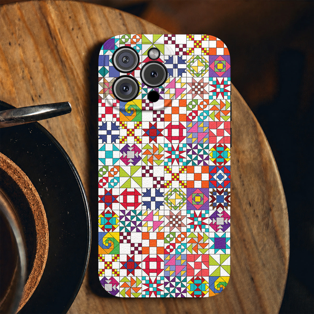 Sewing Lover Leather Phone Case Colorful Quilt Blocks