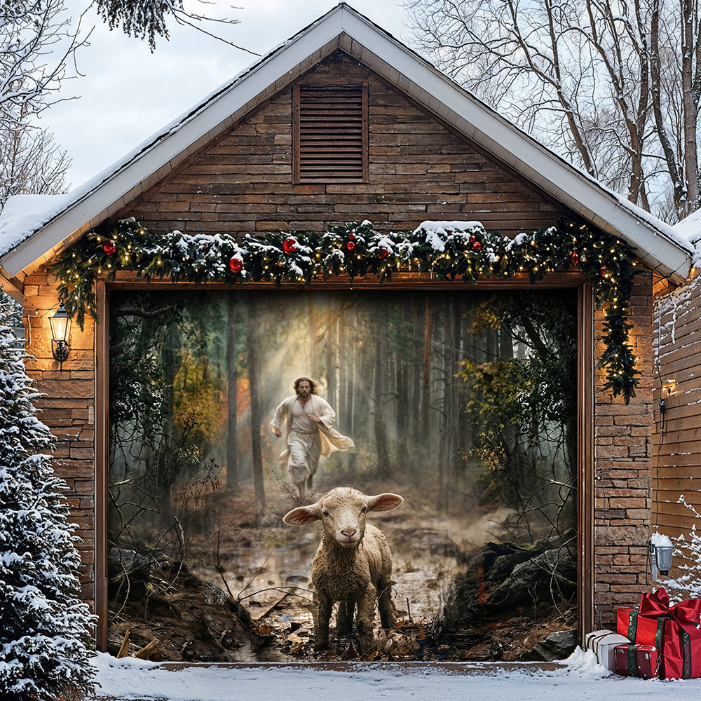 God Garage Door Banner Decoration - Jesus Running After a Lost Lamb