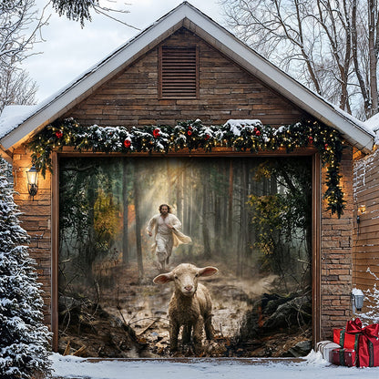 God Garage Door Banner Decoration - Jesus Running After a Lost Lamb