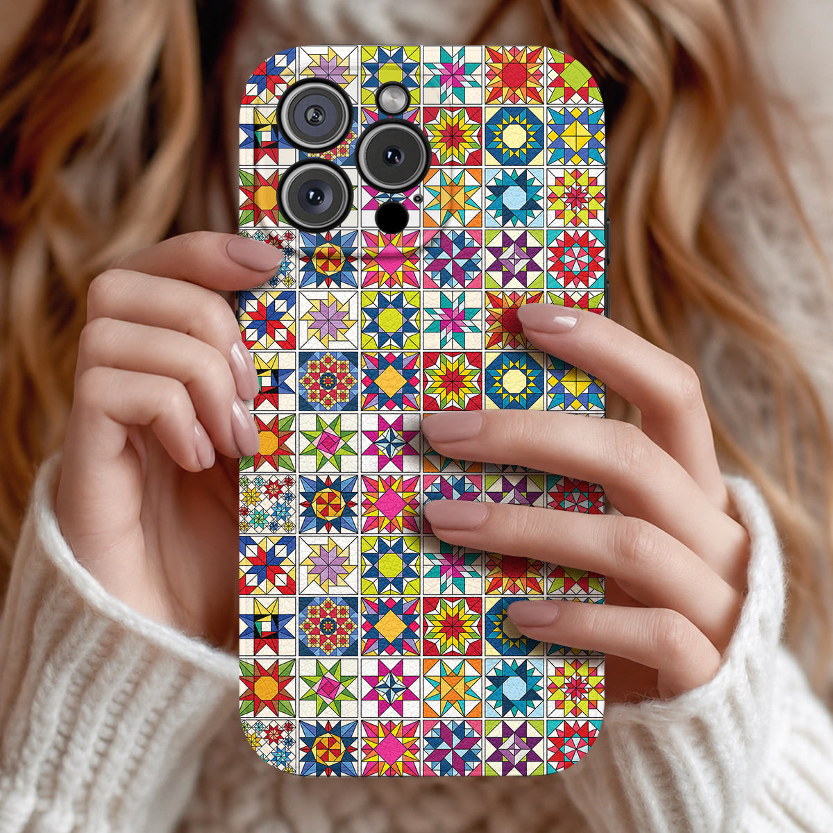 Sewing Lover Leather Phone Case Colorful Star Quilt Blocks