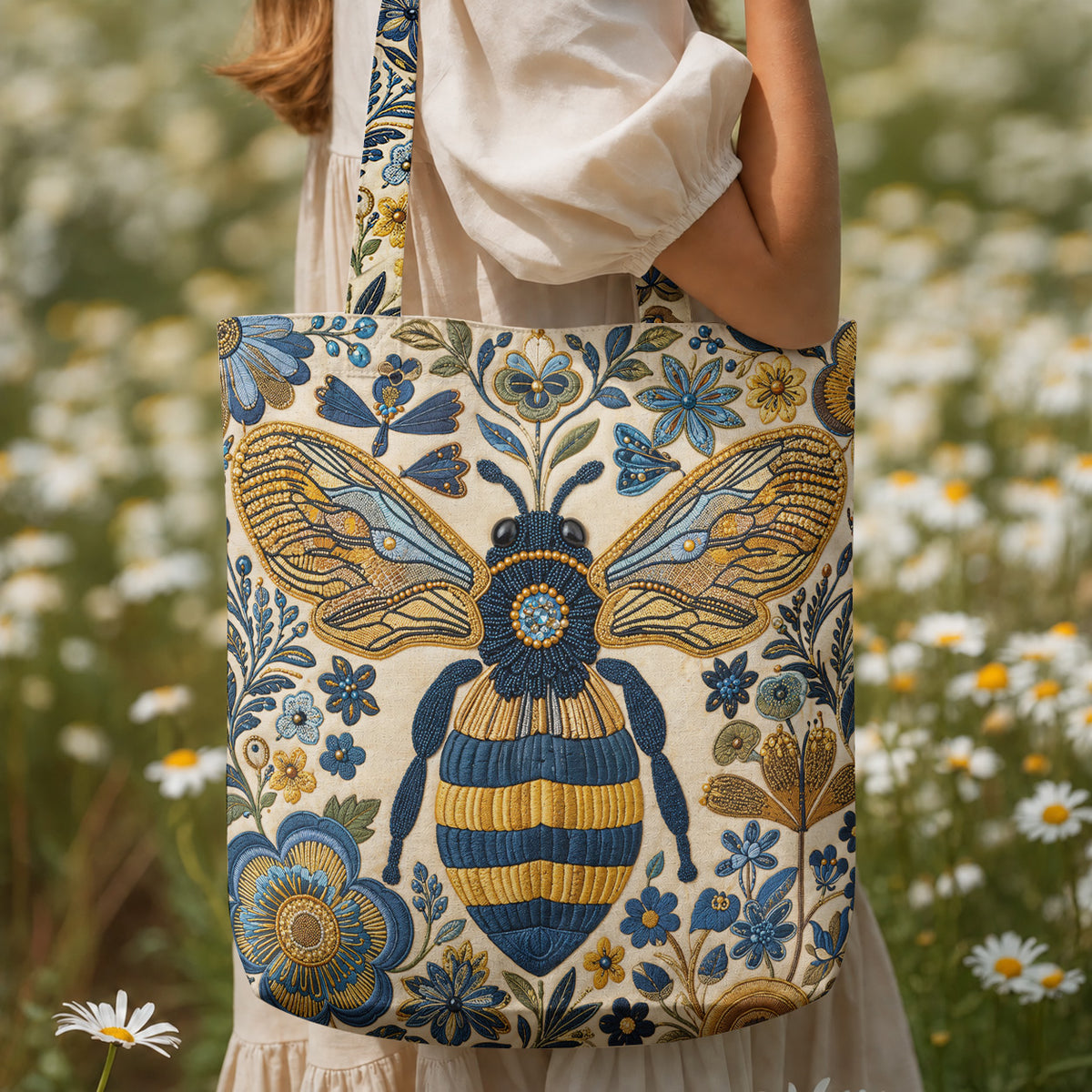 Bee Canvas Tote Bag Golden Bee in Blue Blooms