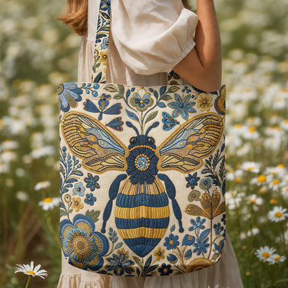 Bee Canvas Tote Bag Golden Bee in Blue Blooms