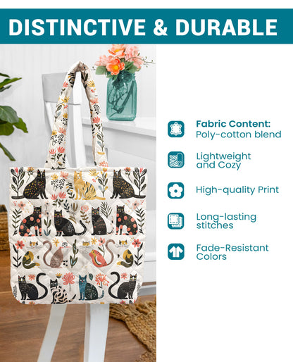 Cat Lover Quilted Tote Bag Botanical Cat Bliss