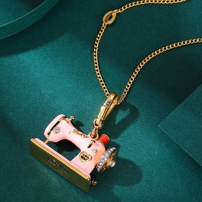 Pink Enamel Sewing Machine Pendant Necklace