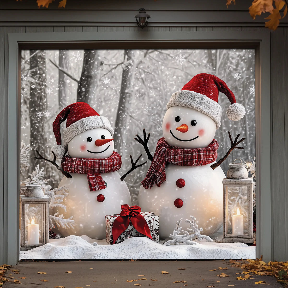 Christmas Garage Door Banner Decoration - Winter Forest Happy Snowman Couple
