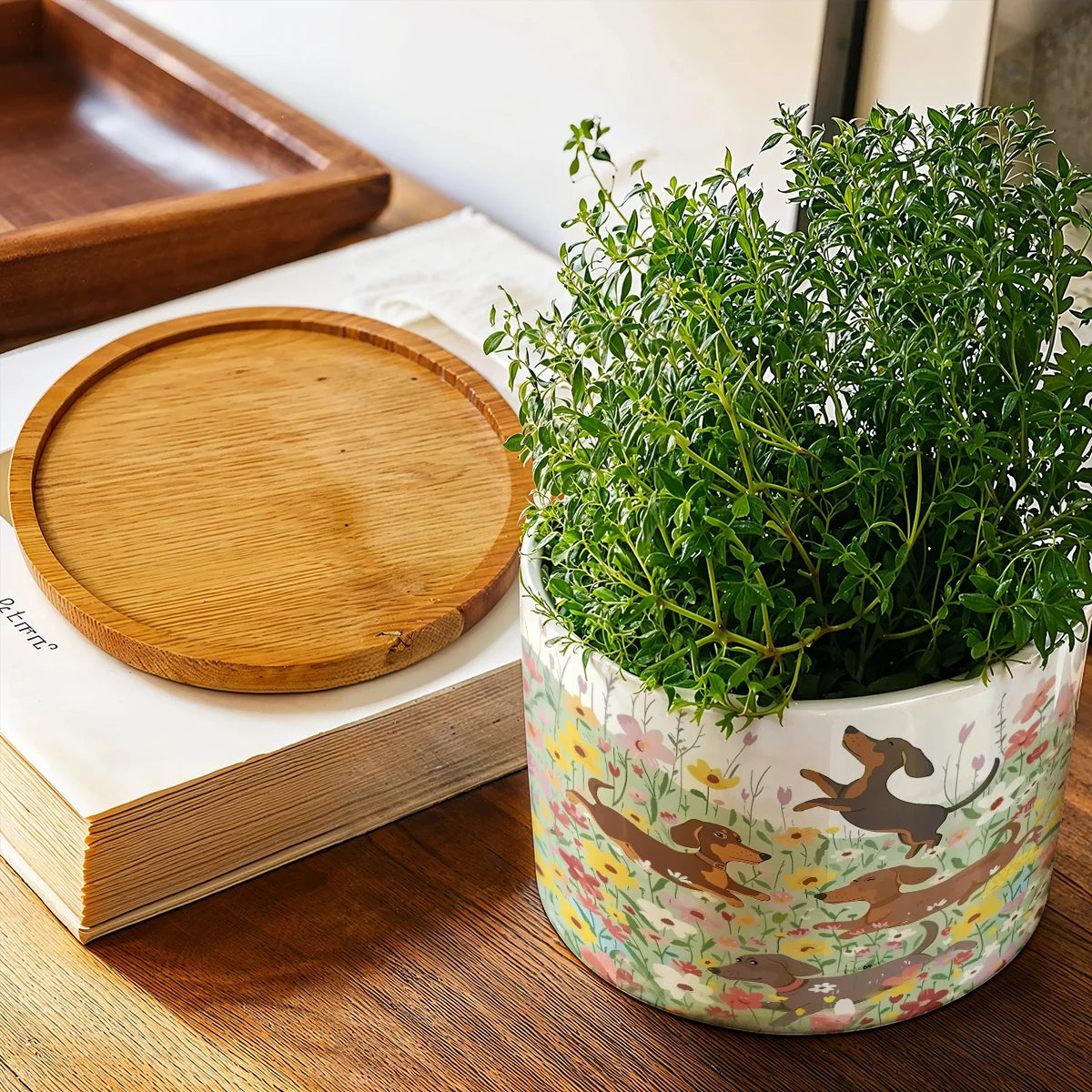 Dachshund Ceramic Plant Pot Happy Dachshunds In Flower Garden