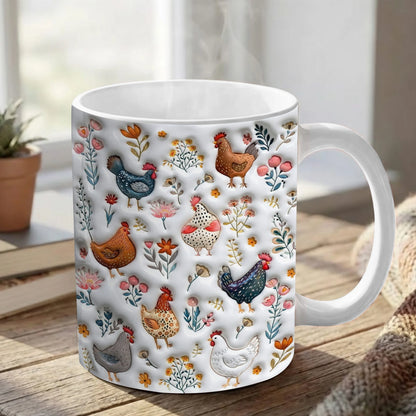 Chicken Ceramic Mug Cute Floral Chickens