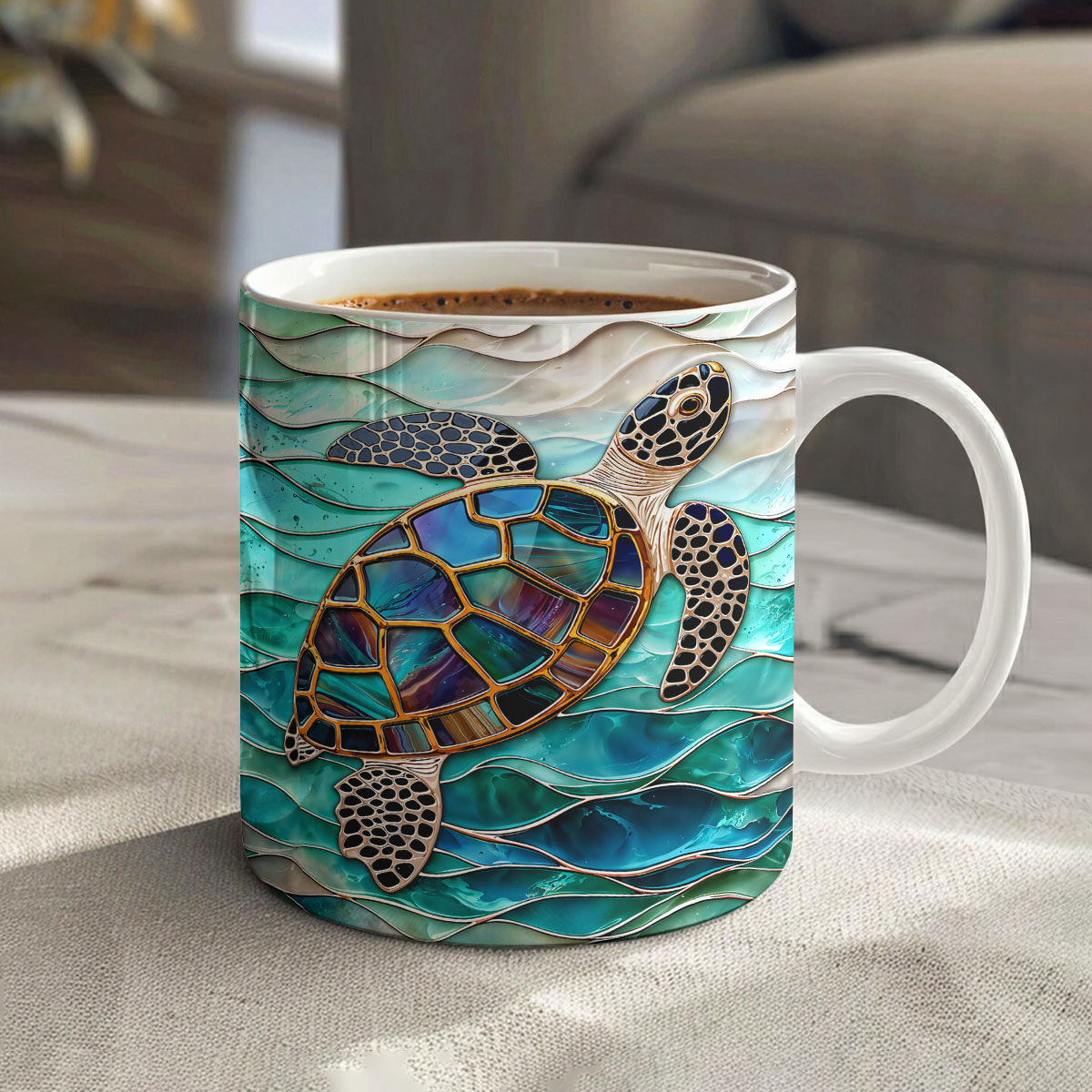 Sea Turtle Ceramic Mug Iridescent Sea Turtle In Turquoise Tides