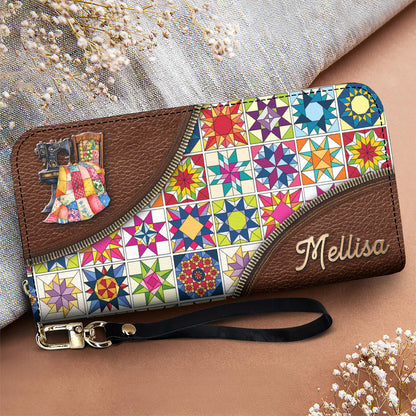 Sewing Lover Leather Wallet Personalized Colorful Quilt Blocks