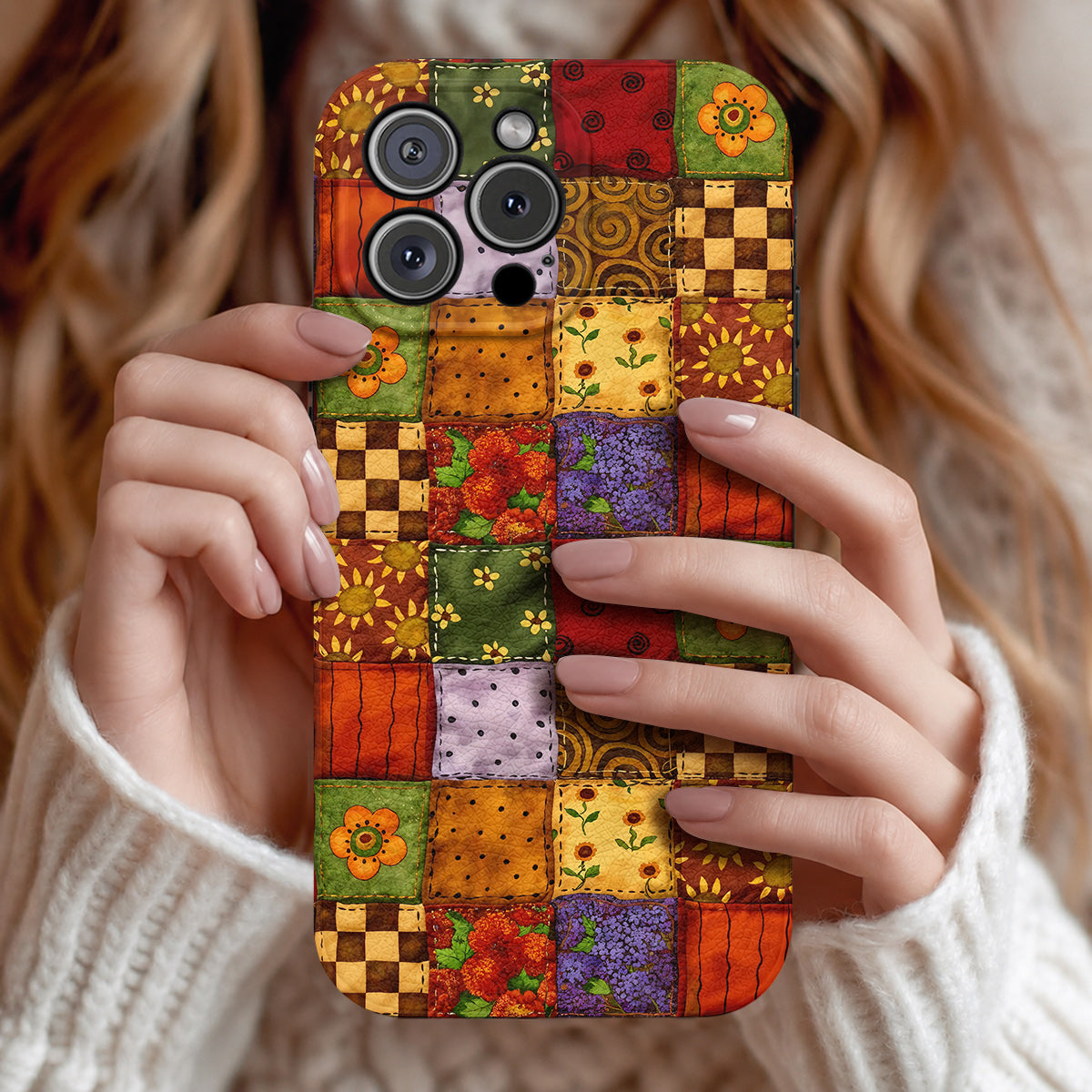 Autumn Quilt Blooms Leather Phone Case