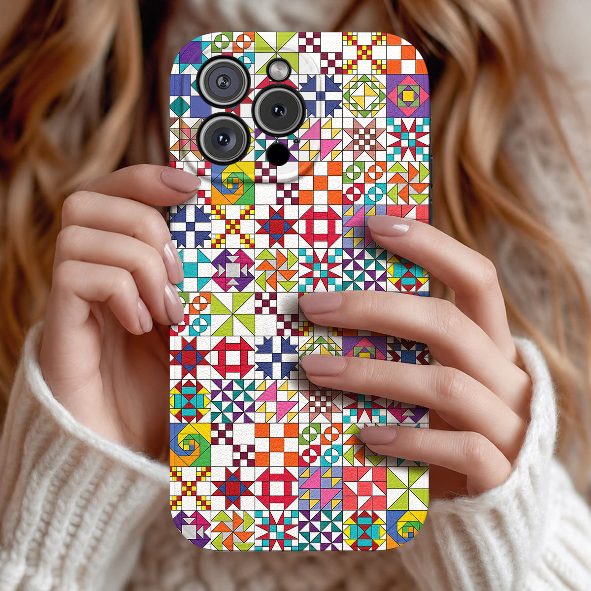Sewing Lover Leather Phone Case Colorful Quilt Blocks