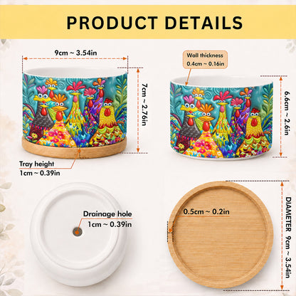 Chicken Ceramic Plant Pot with Bamboo Tray Colorful Chicken Garden