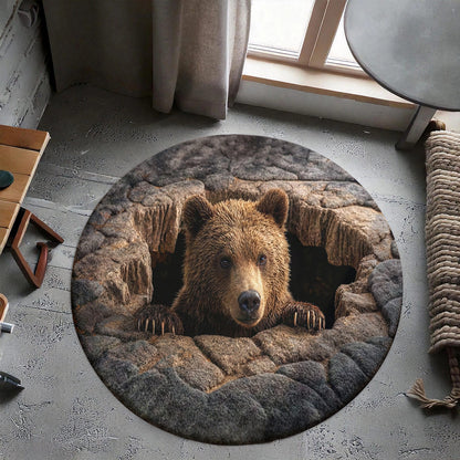 Bear Round Rug 3D Illusion Flat Print Rustic Lodge Bear Den Decor