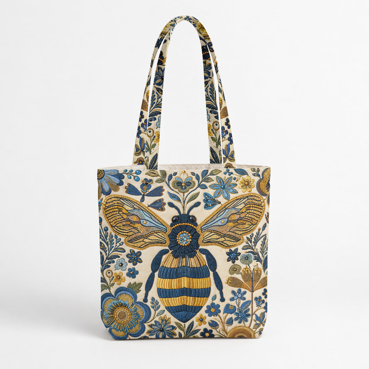 Bee Canvas Tote Bag Golden Bee in Blue Blooms