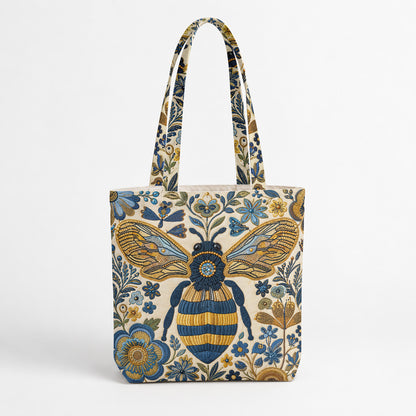 Bee Canvas Tote Bag Golden Bee in Blue Blooms