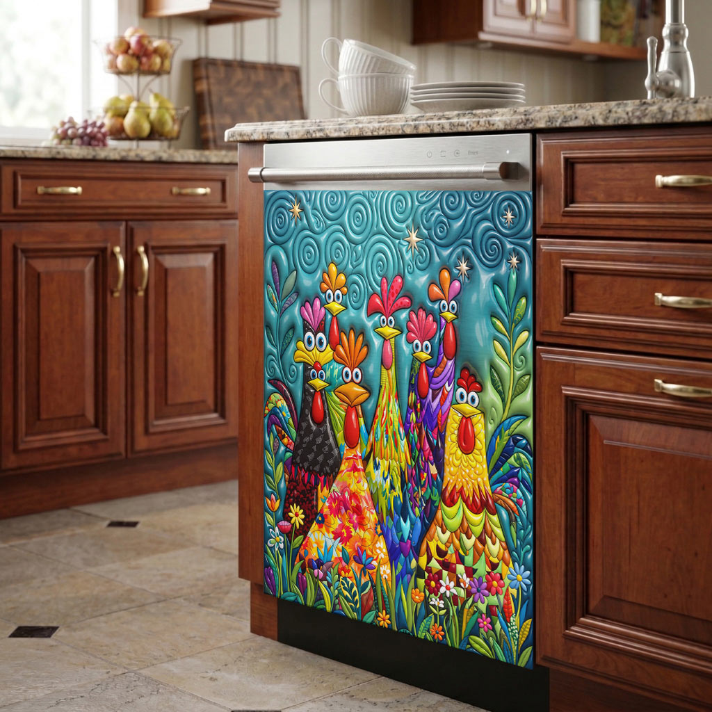 Chicken Magnetic Dishwasher Cover Colorful Chicken Garden