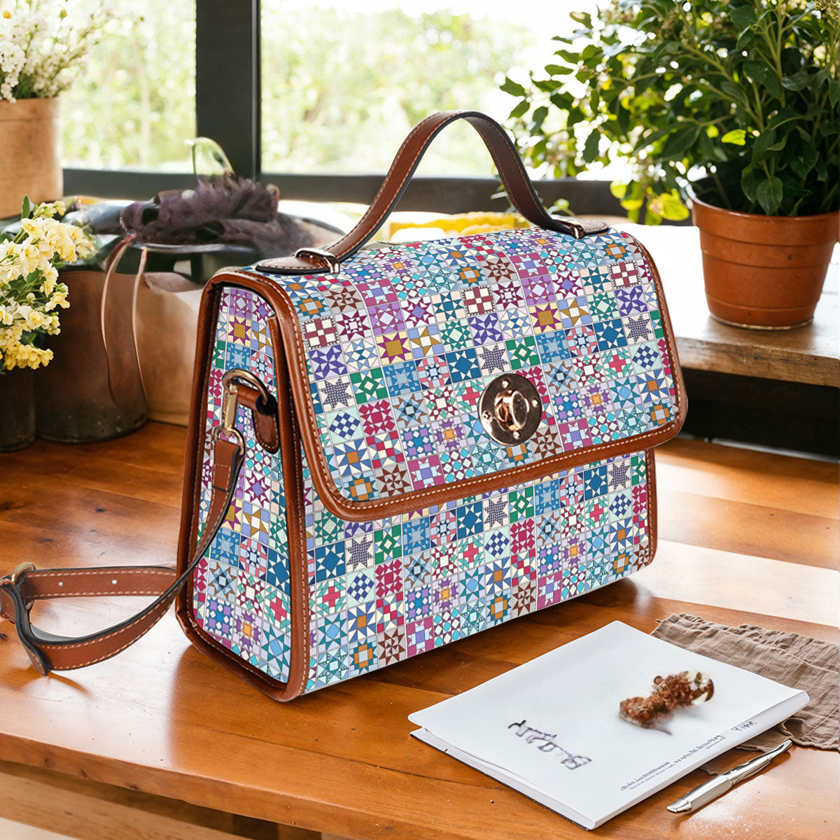 Sewing Lover Satchel Handbag Traditional Quilt Blocks