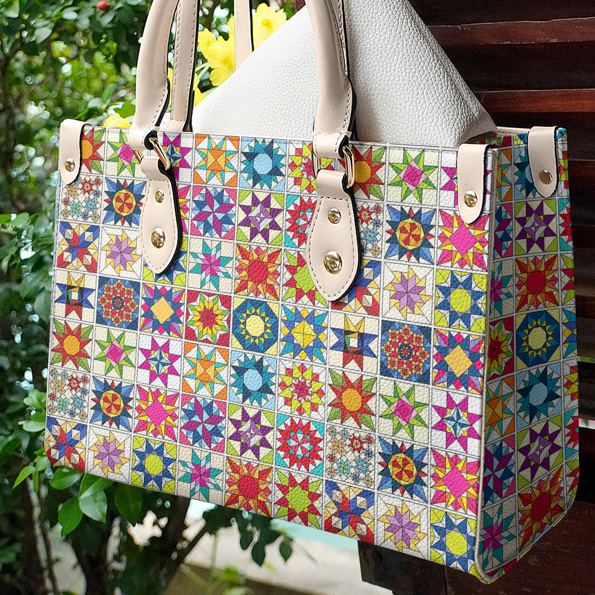 Sewing Lover Leather Handbag Colorful Quilt Blocks