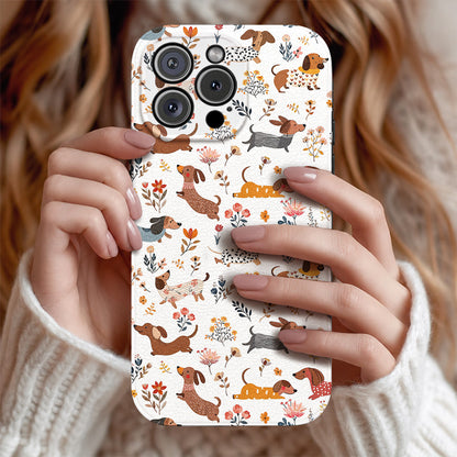 Dachshund Leather Phone Case Happy Field Flowers