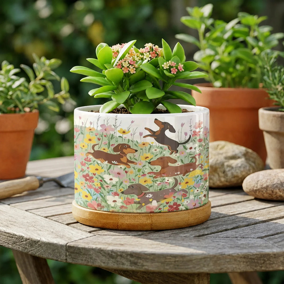 Dachshund Ceramic Plant Pot Happy Dachshunds In Flower Garden
