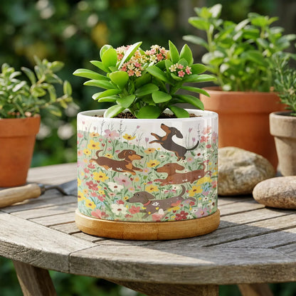 Dachshund Ceramic Plant Pot Happy Dachshunds In Flower Garden