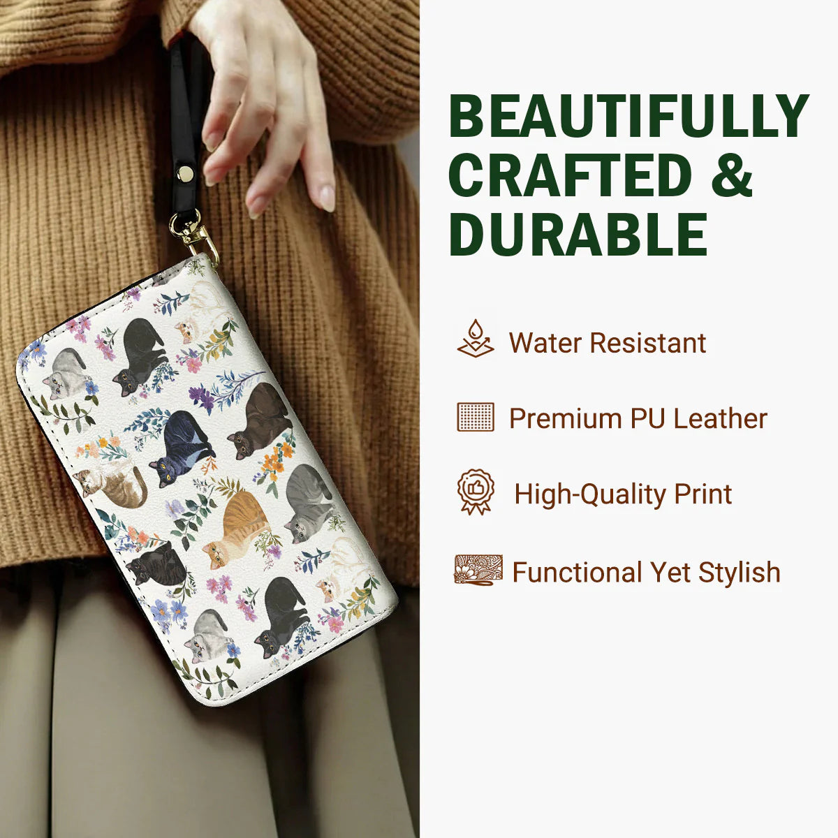 Cat Lover Leather Wallet Charming Floral Cats