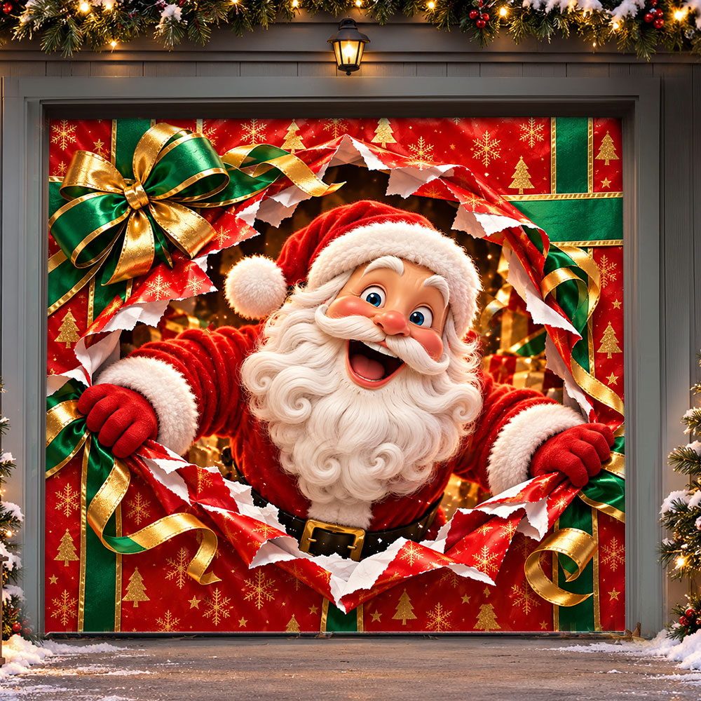 Christmas Garage Door Banner Decoration – Santa’s Magical Gift Box Surprise