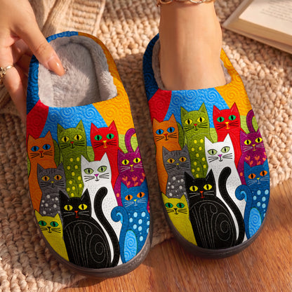 Cat Fleece Lined Slippers Rainbow Cats