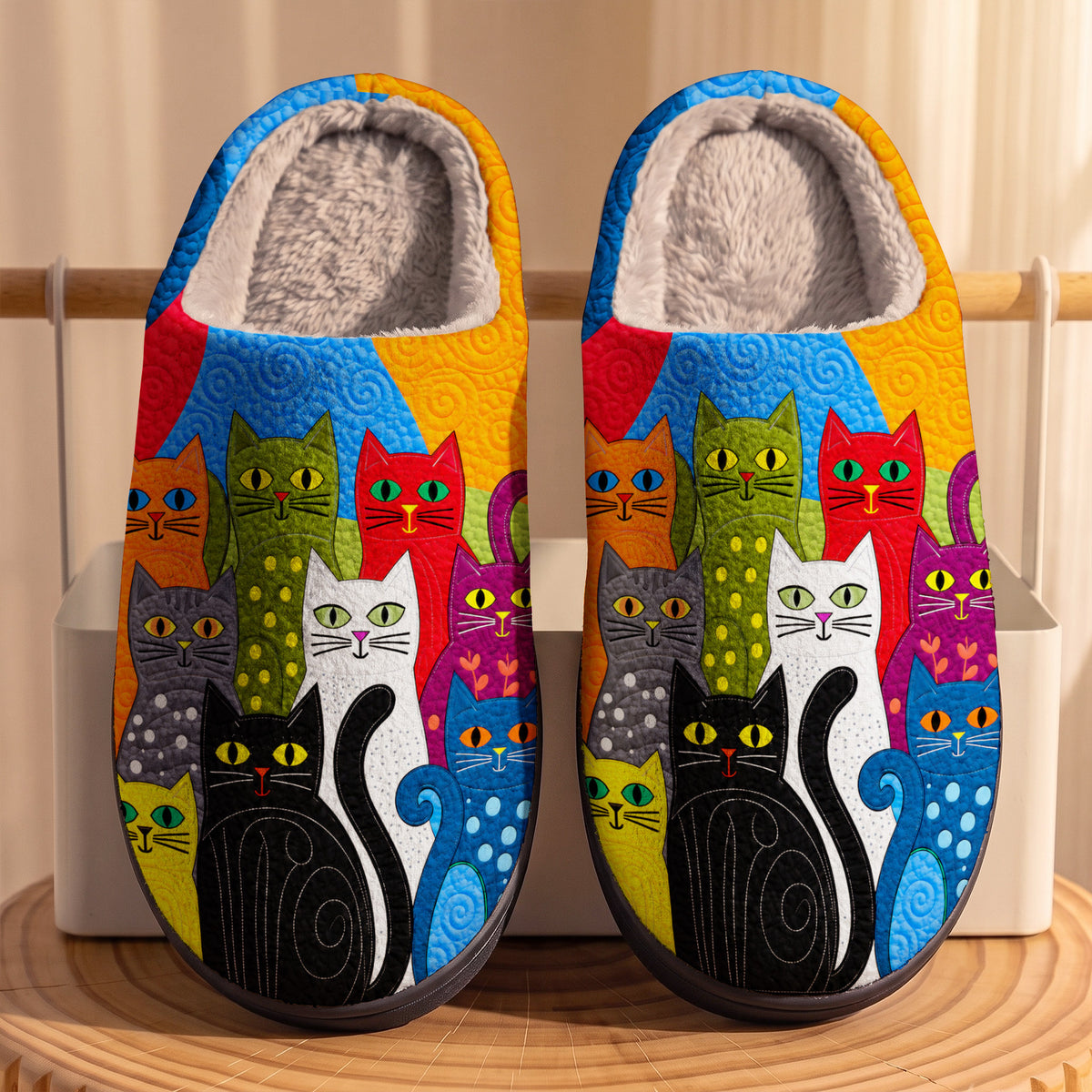 Cat Fleece Lined Slippers Rainbow Cats