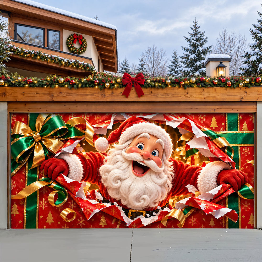 Christmas Garage Door Banner Decoration – Santa’s Magical Gift Box Surprise