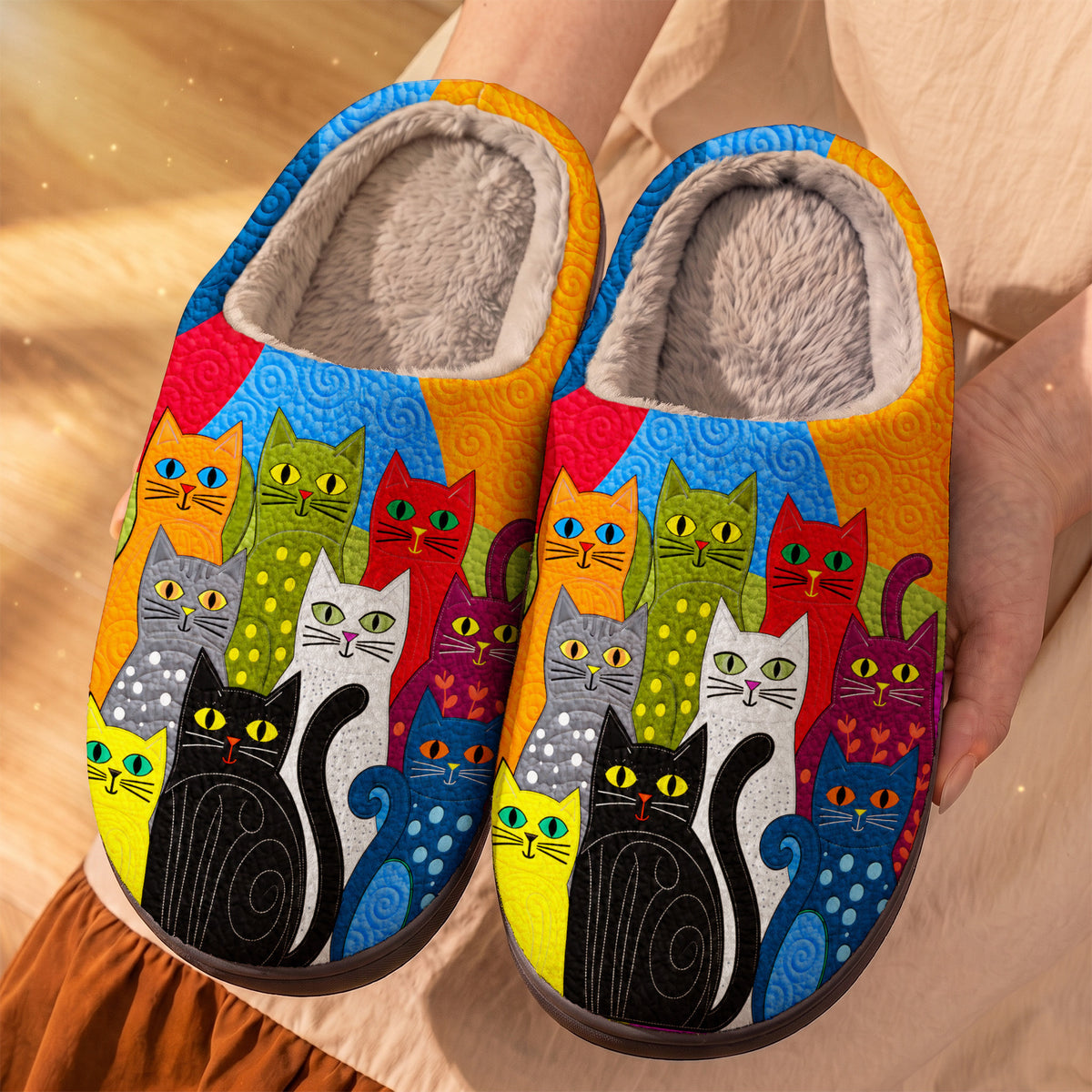 Cat Fleece Lined Slippers Rainbow Cats