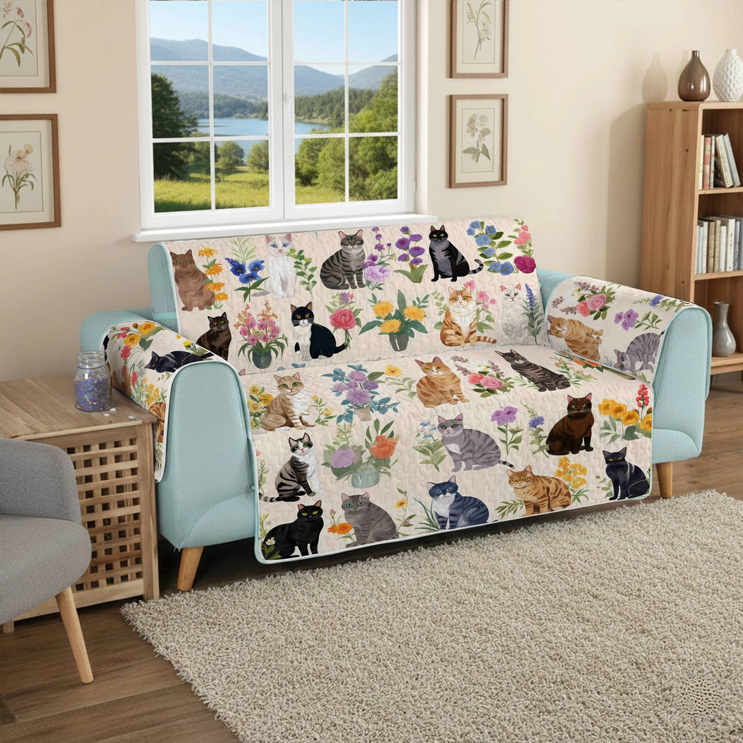 Cat Quilted Sofa Cover Charming Garden