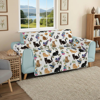 Cat Quilted Sofa Cover Cute Floral Cats