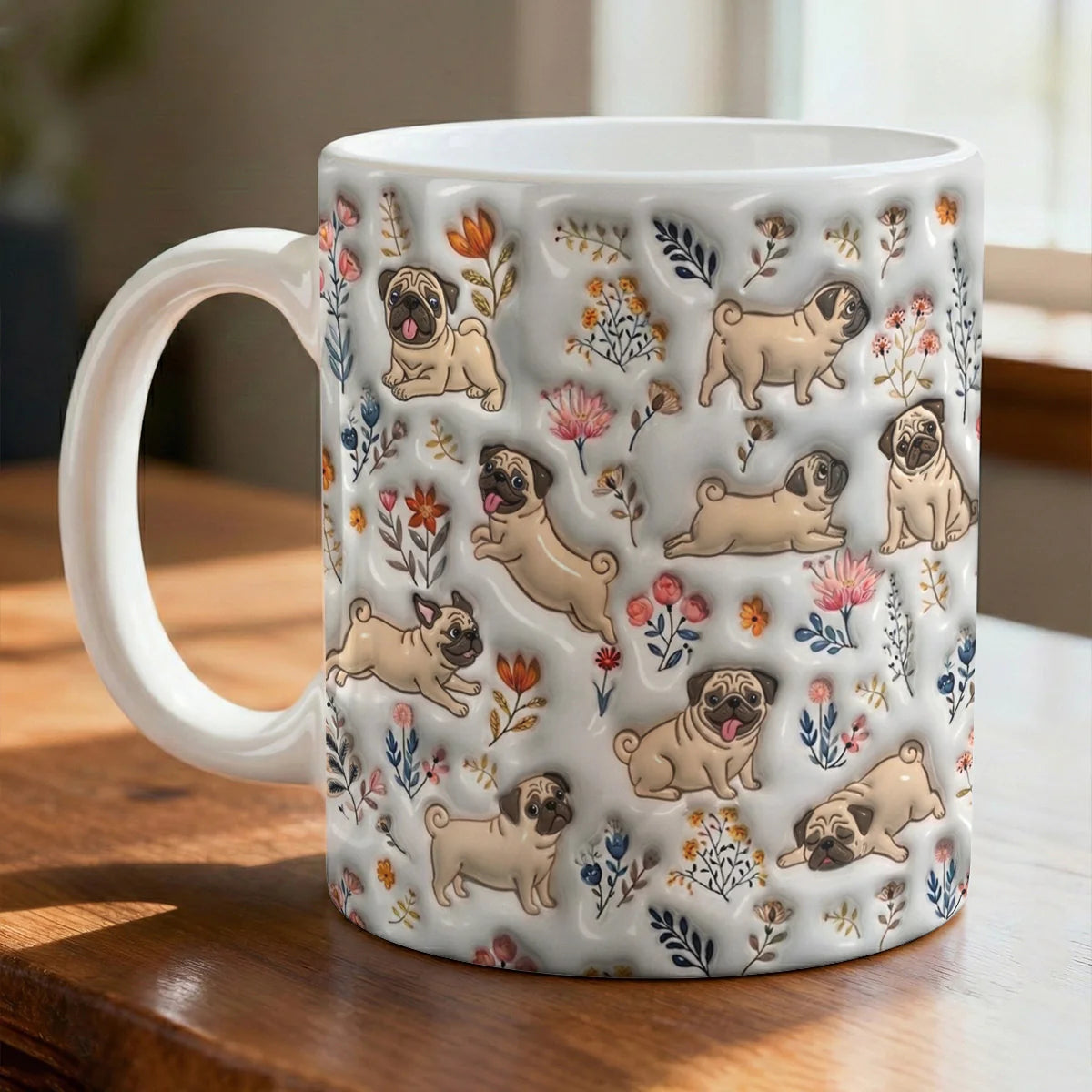 Pug Ceramic Mug Happy Field Flowers