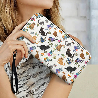 Cat Lover Leather Wallet Cute Floral Cats