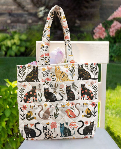 Cat Lover Quilted Tote Bag Botanical Cat Bliss