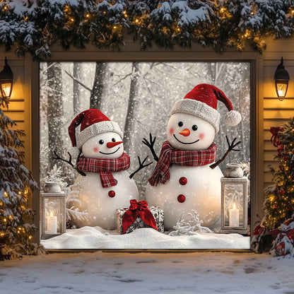 Christmas Garage Door Banner Decoration - Winter Forest Happy Snowman Couple
