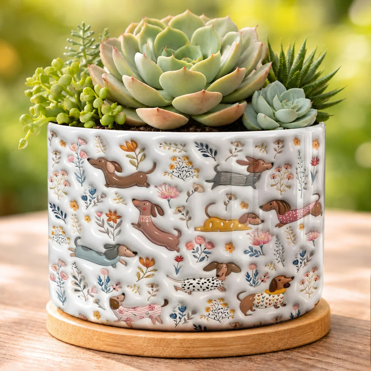 Dachshund Ceramic Plant Pot Happy Field Flowers