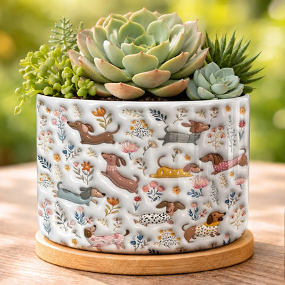 Dachshund Ceramic Plant Pot Happy Field Flowers