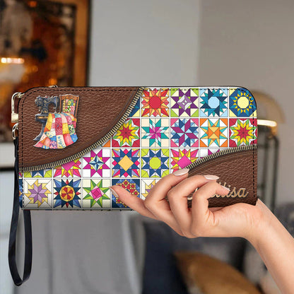 Sewing Lover Leather Wallet Personalized Colorful Quilt Blocks