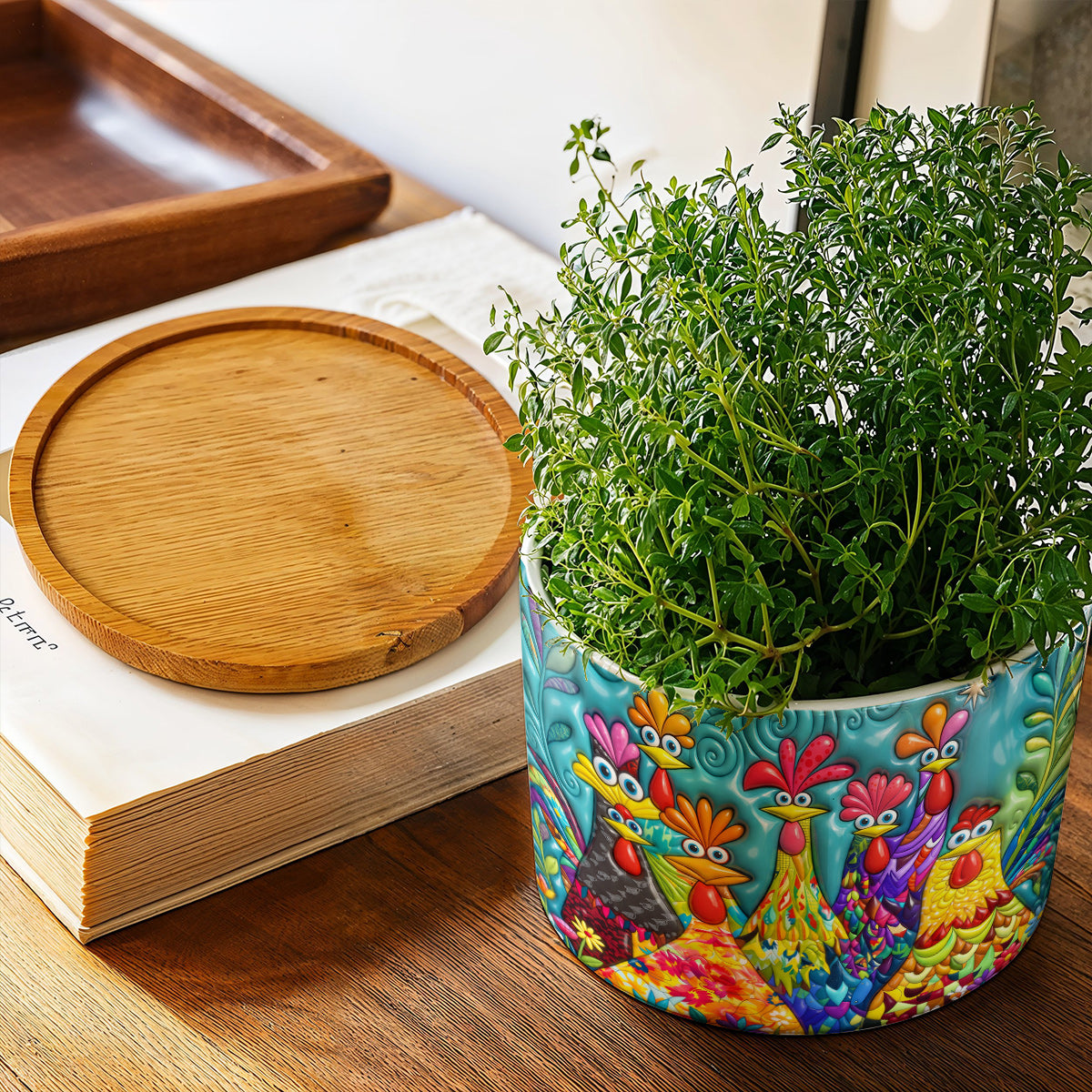Chicken Ceramic Plant Pot with Bamboo Tray Colorful Chicken Garden
