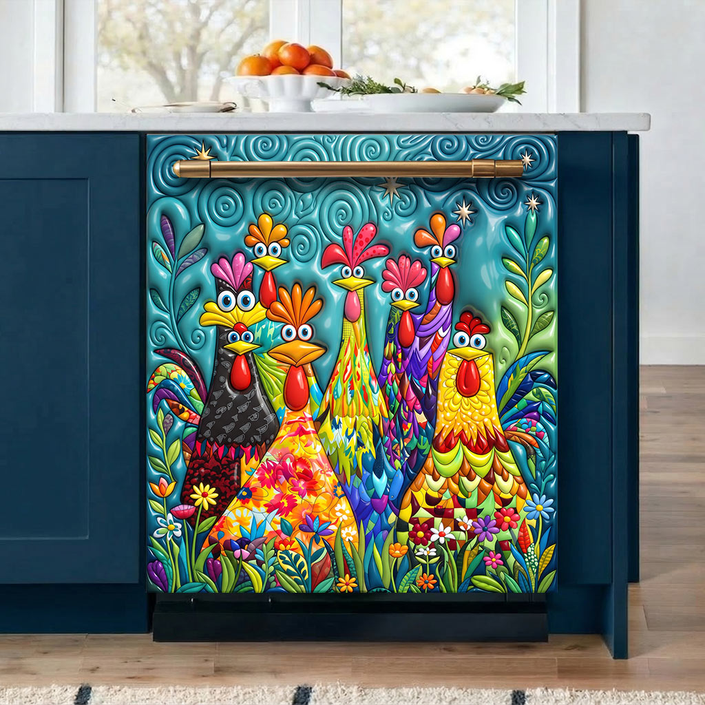Chicken Magnetic Dishwasher Cover Colorful Chicken Garden