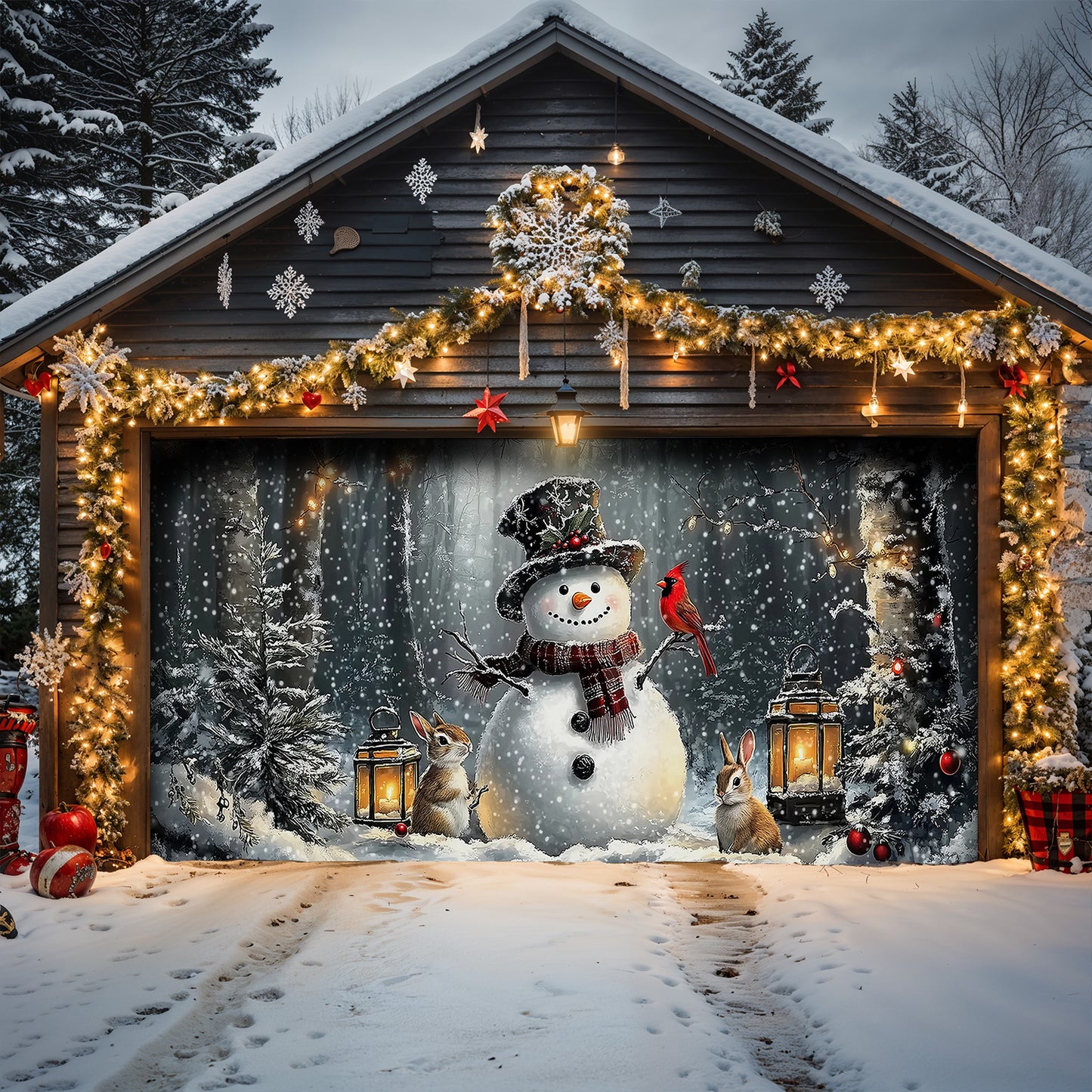 Christmas Garage Door Banner Decoration - Winter Forest Snowman Gathering with Bunnies and Cardinals