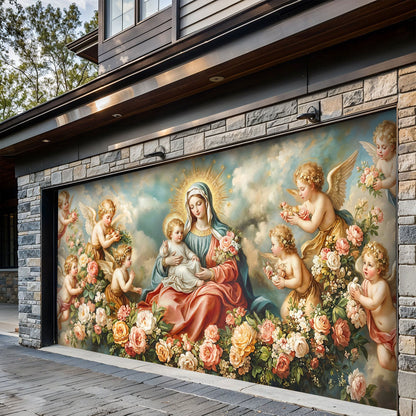 Virgin Mary Garage Door Banner Decoration - Divine Motherhood in a Garden of Angels