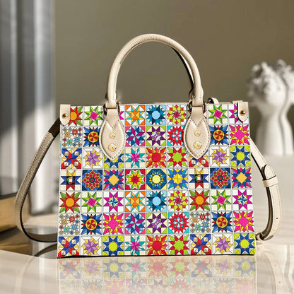 Sewing Lover Leather Handbag Colorful Quilt Blocks