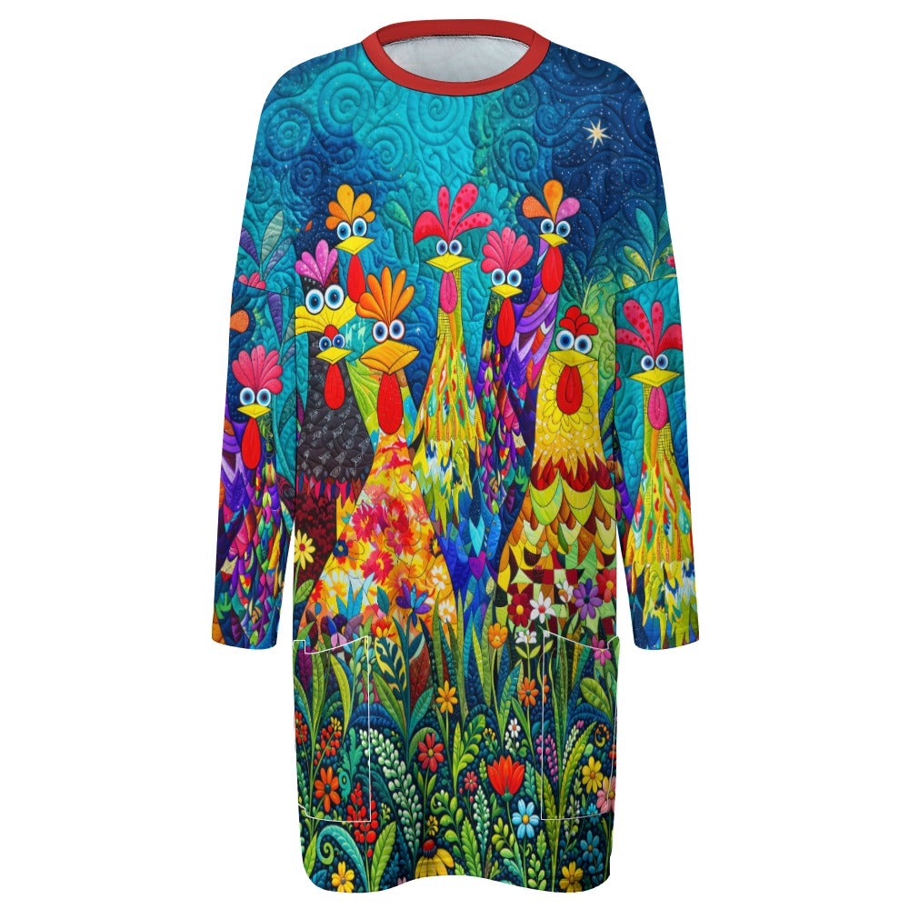 Chicken Long Sleeve Tunic With Pockets Colorful Chicken Garden