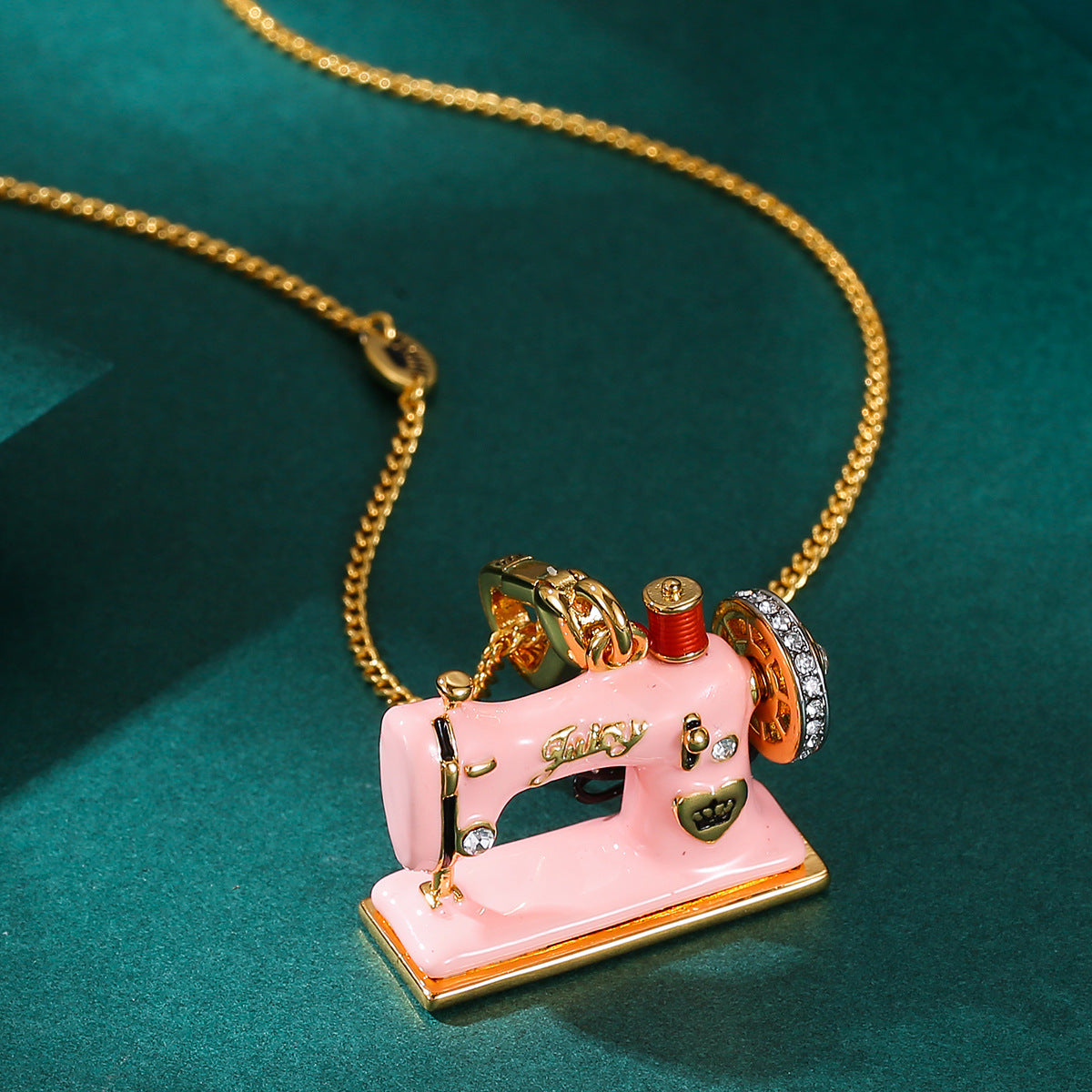 Pink Enamel Sewing Machine Pendant Necklace