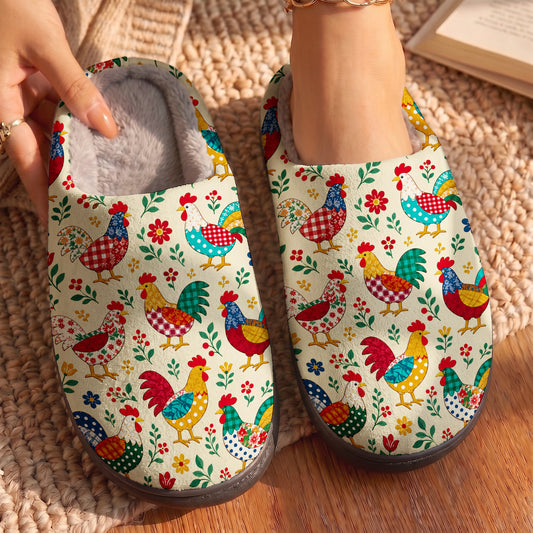 Chicken Lover Fleece Lined Slippers Farmhouse Rooster Patchwork