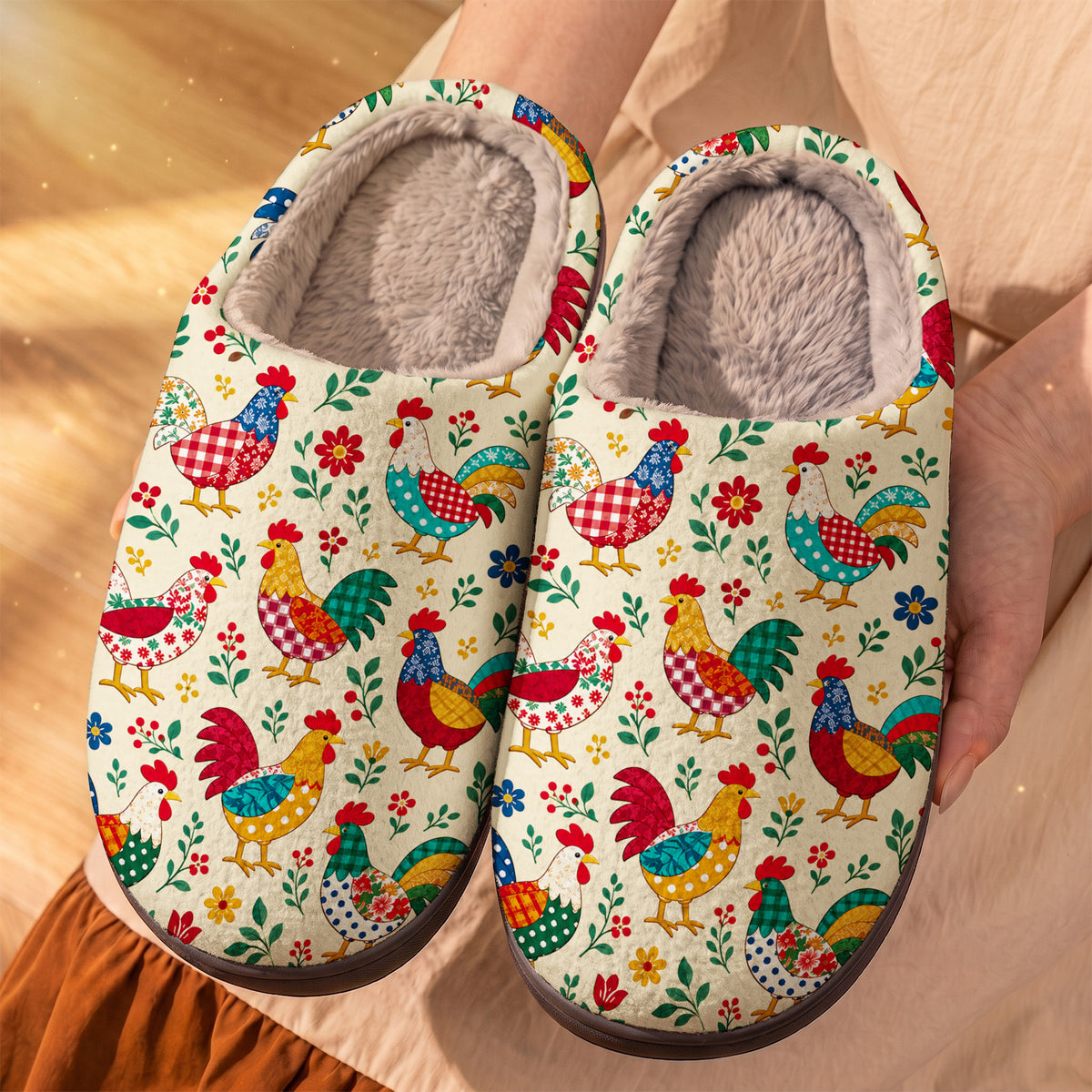 Chicken Lover Fleece Lined Slippers Farmhouse Rooster Patchwork