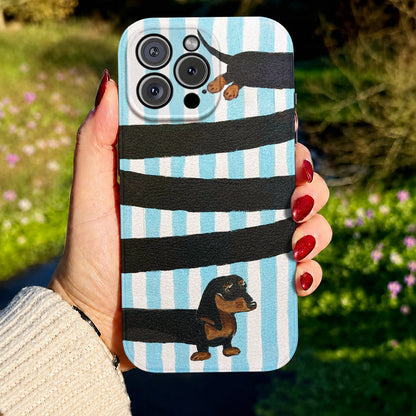 Dachshund Lover Leather Phone Case Adorable Blue Loops - Beige